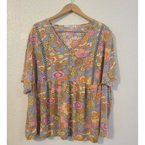 Rusttydustty Women's Pink Orange Floral Print Short Sleeve Top Blouse Size 3XL